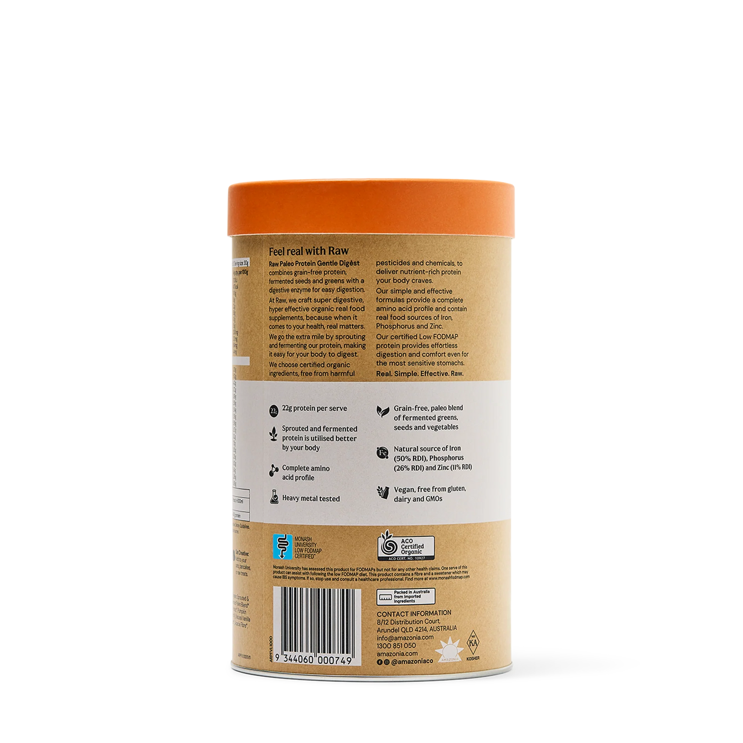 Amazonia Raw Gentle Digest Protein Vanilla back label with key benefits highlighted – gut-friendly Low FODMAP protein with bromelain. 