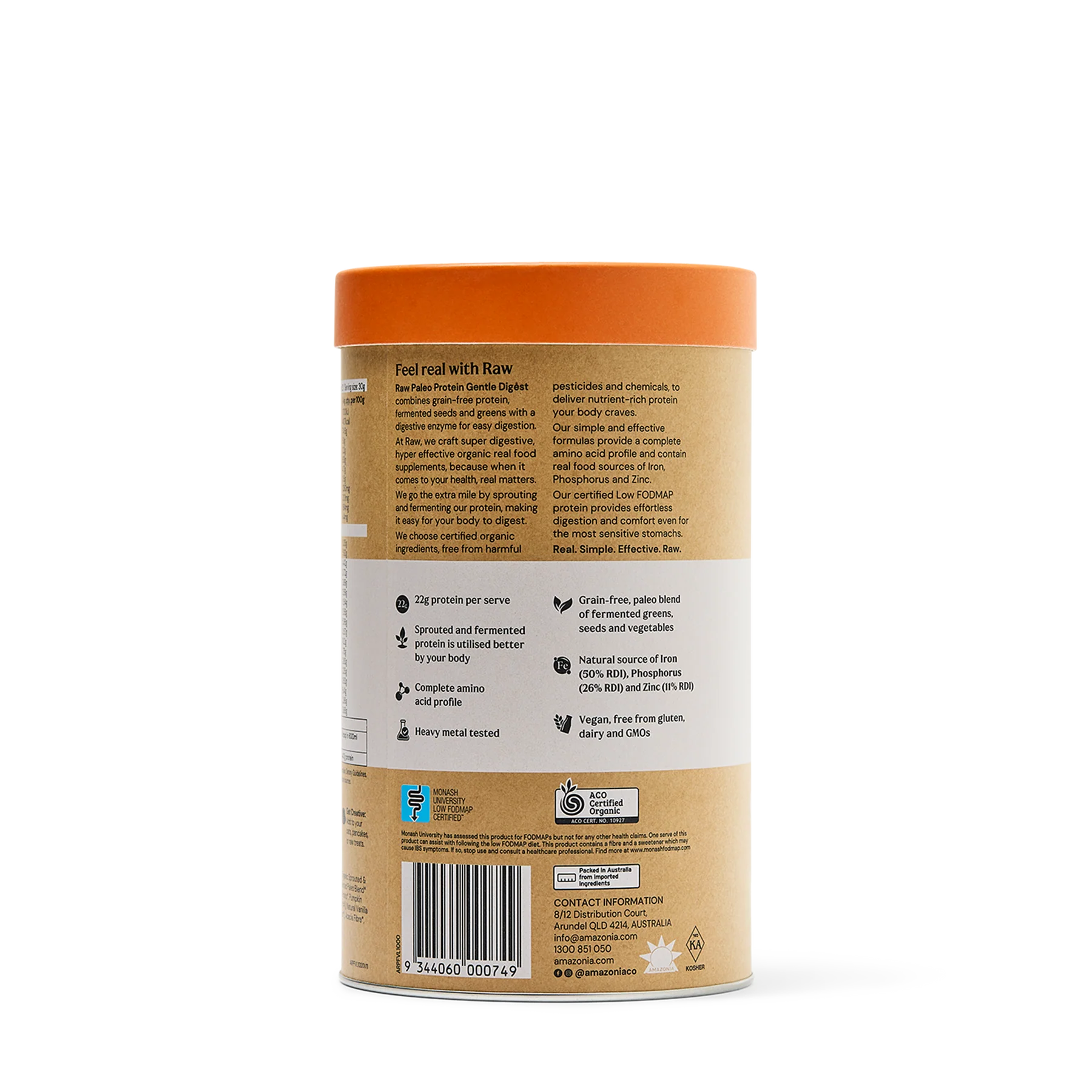 Amazonia Raw Gentle Digest Protein Vanilla back label with key benefits highlighted – gut-friendly Low FODMAP protein with bromelain. 