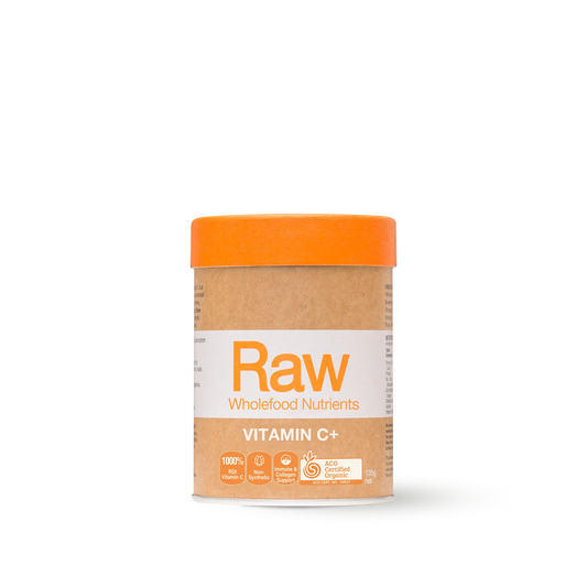 Amazonia Raw Wholefood Extracts Vitamin C+ 120g tub – organic wholefood vitamin C powder with prebiotic immune blend for immunity, collagen and gut health.