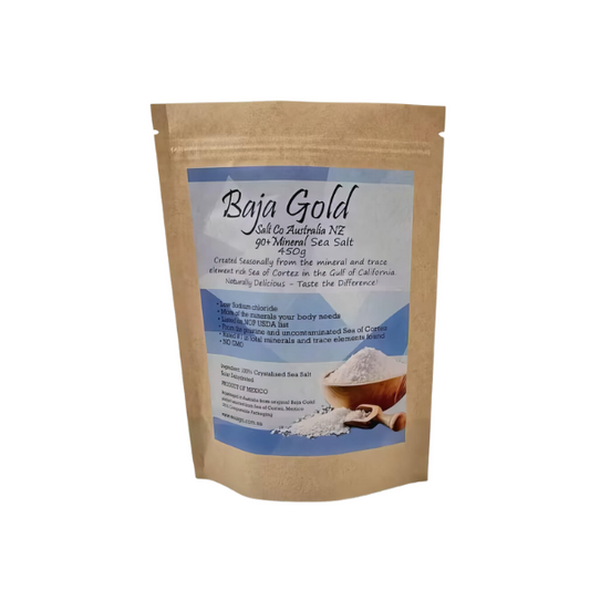 Sourced from the Sea of Cortez, Baja Gold Salt is naturally harvested and packed with over 90 essential minerals and trace elements, including magnesium, potassium, and calcium. These minerals support hydration, muscle function, bone strength, and overall well-being.
All Natural Organic Unrefined Sea Salt for the table, cooking, drinks, smoothies and electrolyte replacement in drinking water.