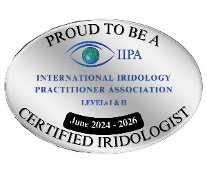 Silver badge with text and logo for International Iridology Practitioner Association certification.