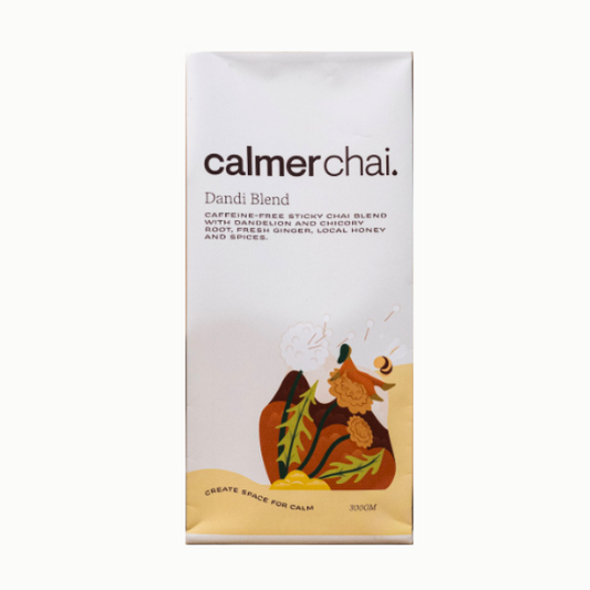 Calmer Chai Dandi Blend is a unique blend that combines roasted dandelion and chicory root for an earthy, nutty flavour reminiscent of coffee.
This award-winning chai is perfect for those looking to reduce caffeine while still savouring a rich and satisfying taste. Handcrafted in Melbourne, each batch captures the healing properties of dandelion root, making it a nurturing choice for any time of day.