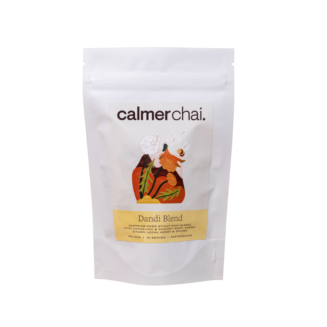 Calmer Chai Dandi Blend Mini Pouch 100g – caffeine-free roasted dandelion chai with organic spices, vegan & hand-blended in Melbourne.