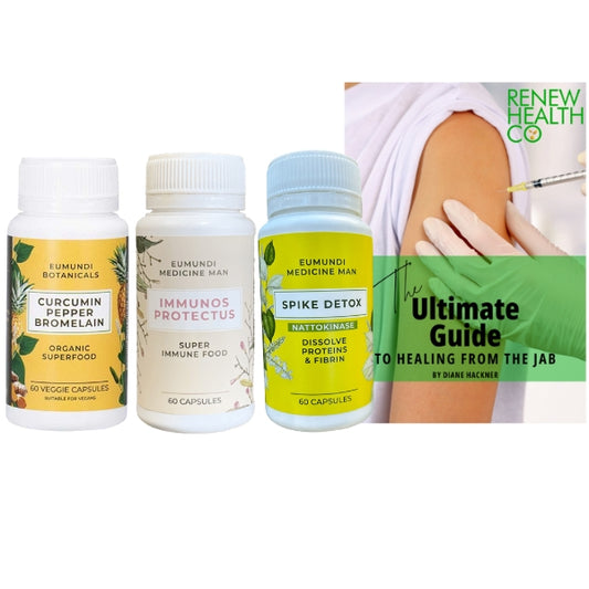 Detox & Immune Repair Bundle – Spike Detox, Curcumin Pepper Bromelain, & Immunos Protectus capsules & Healing from the Jab digital guide by Diane Hackner. Complete step-by-step detox system for safe recovery &  immune support.