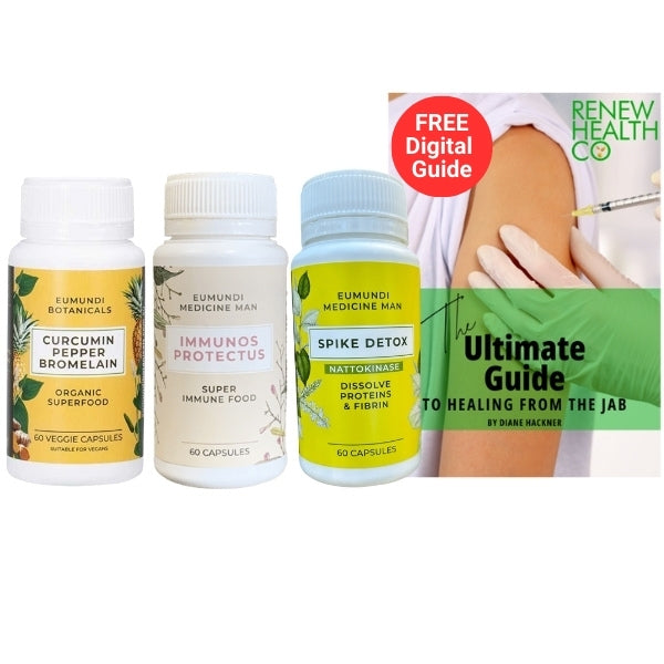 Detox & Immune Repair Kit – Spike Detox, Curcumin Pepper Bromelain, & Immunos Protectus capsules & Healing from the Jab digital guide by Diane Hackner. Complete step-by-step detox system for safe recovery &  immune support.