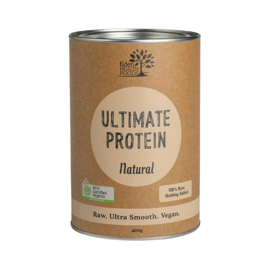Eden Healthfoods Ultimate Protein Natural – 400g tub of organic sprouted brown rice protein powder for clean, plant-based nutrition and muscle recovery.