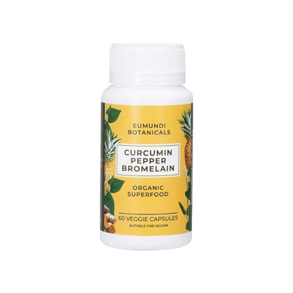 Eumundi Medicine Man Curcumin Pepper Bromelain capsules – herbal supplement with turmeric, black pepper extract and bromelain for detox, digestion and inflammation support.