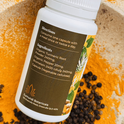 Eumundi Medicine Man Curcumin Pepper Bromelain supplement back label showing directions for use and ingredients.