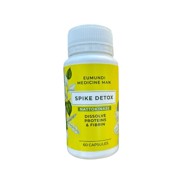 Eumundi Medicine Man Spike Detox capsules – nattokinase supplement with Japanese knotweed, black seed, ginger and selenium for detox and circulatory support.