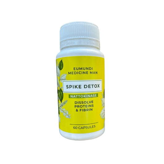 Eumundi Medicine Man Spike Detox capsules – nattokinase supplement with Japanese knotweed, black seed, ginger and selenium for detox and circulatory support.