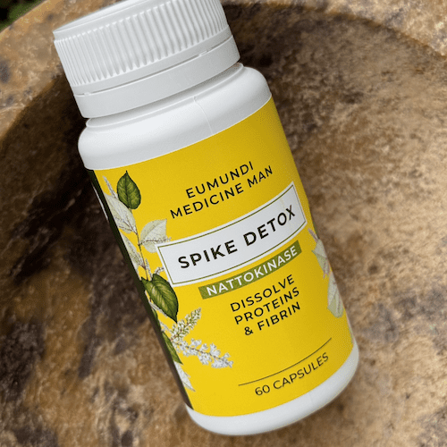 Eumundi Medicine Man Spike Detox bottle photographed at angle – advanced herbal formula with nattokinase, resveratrol, black seed, ginger and selenium.