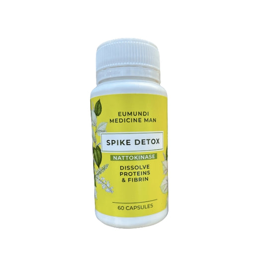 Eumundi Medicine Man Spike Detox capsules – nattokinase supplement with Japanese knotweed, black seed, ginger and selenium for detox and circulatory support.