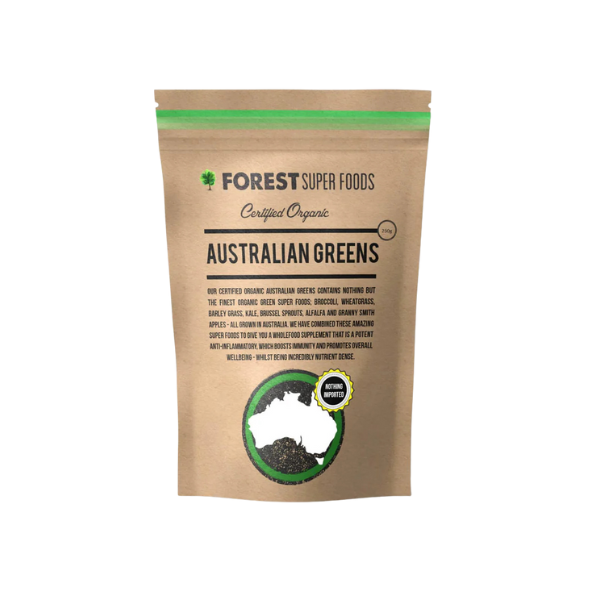 Forest Super Foods Organic Australian Greens contains nothing but the finest organic green super foods; broccoli, wheatgrass, barley grass, kale, Brussel sprouts, alfalfa and Granny Smith apples - all grown in Australia. This combination of amazing super foods gives you a whole-food supplement that is a potent anti-inflammatory, which boosts immunity and promotes overall wellbeing, whilst being incredibly nutrient dense.
