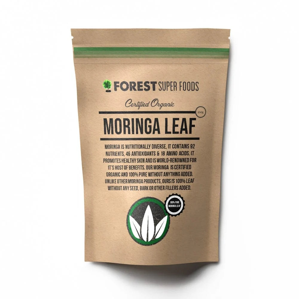 Forest Super Foods Organic Moringa Leaf Powder is 100% pure, certified organic Moringa oleifera leaf - freeze-dried to lock in its exceptional nutritional profile. Naturally rich in vitamins, minerals, antioxidants, and plant-based protein, moringa is your go-to daily boost for energy, resilience, and overall well-being. With no fillers, bark, or extracts, every spoonful delivers the cleanest possible nutrition.