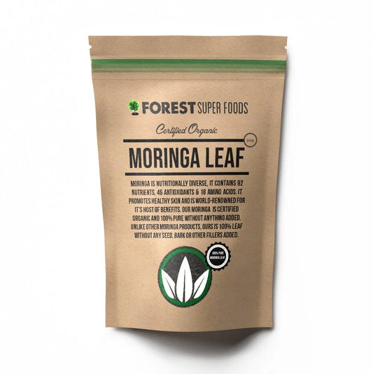 Forest Super Foods Organic Moringa Leaf Powder is 100% pure, certified organic Moringa oleifera leaf - freeze-dried to lock in its exceptional nutritional profile. Naturally rich in vitamins, minerals, antioxidants, and plant-based protein, moringa is your go-to daily boost for energy, resilience, and overall well-being. With no fillers, bark, or extracts, every spoonful delivers the cleanest possible nutrition.