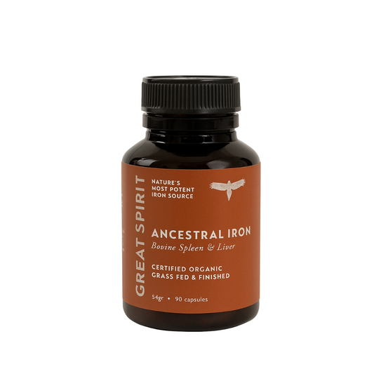 Great Spirit Ancestral Iron supplement highlighting key benefits – supports energy, iron levels, and immune function with organic beef spleen and liver.