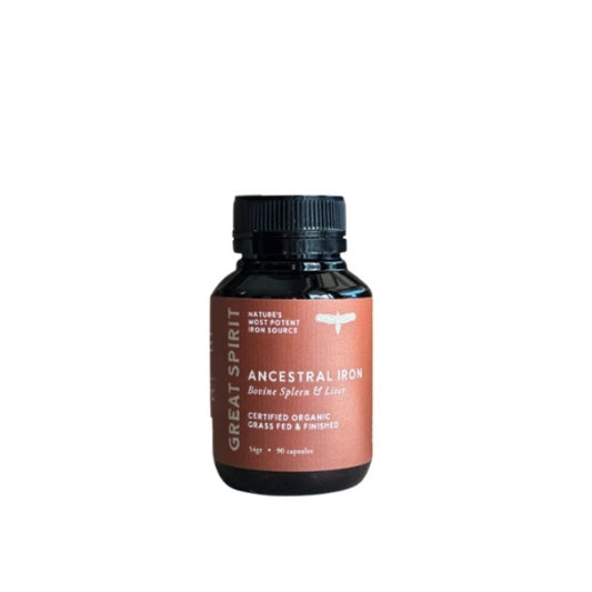 Great Spirit Ancestral Iron – bottle of organic bovine spleen and liver capsules providing 11.8 mg heme iron per serve for energy and wellness.