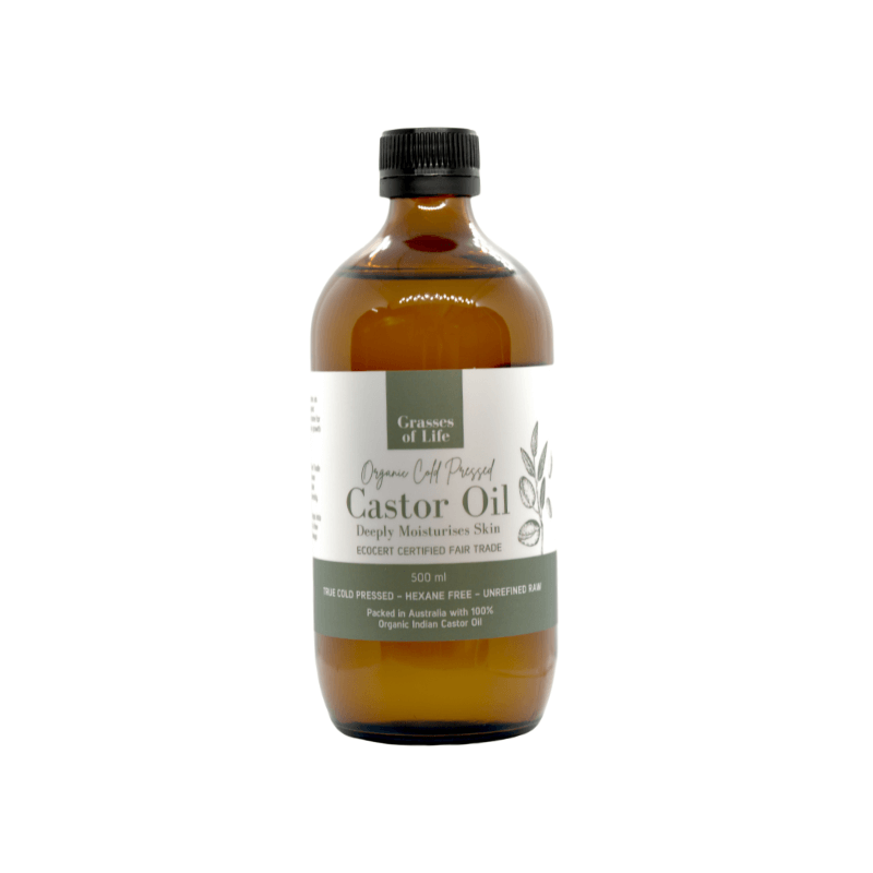 Grasses of Life Organic Castor Oil 500ml cold-pressed hexane-free oil in amber glass bottle. 