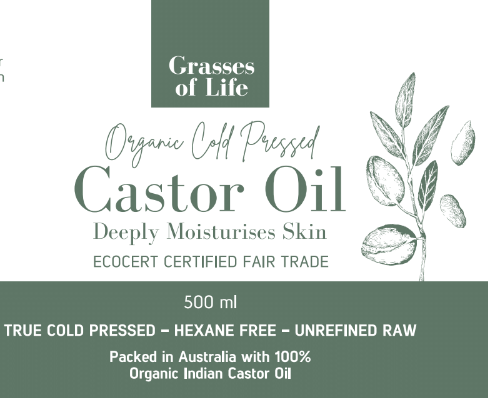 Front label of Grasses of Life Organic Castor Oil 500ml certified organic castor seed oil.