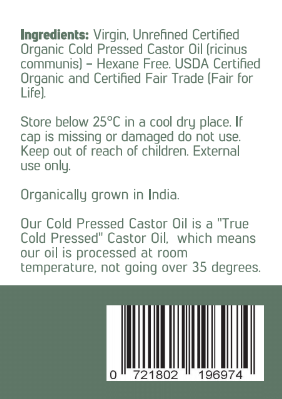 Side panel of Grasses of Life Organic Castor Oil 500ml listing ingredients and storage instructions. 