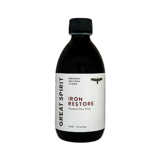 Rooted in tradition and crafted for modern wellbeing, Great Spirit Iron Restore is based on an age-old midwives’ recipe refined and trusted through generations. This gentle liquid tonic combines organic yellow dock root, dandelion root, blackstrap molasses, and spring water to support healthy iron levels and energy in a holistic &amp; natural way.
Made from 100% organic ingredients, using Australian-grown herbs, Iron Restore contains no artificial additives -just the essentials, prepared with care.