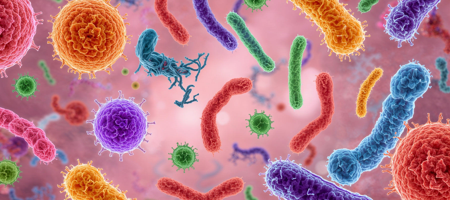 Colorful illustration of various microorganisms on a pink background