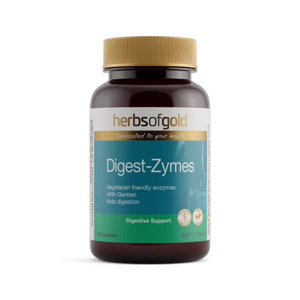 Herbs of Gold Digest‑Zymes harnesses the power of six vegetarian-friendly digestive enzymes, enhanced with Gentian root. Designed to support healthy digestion across a broad pH range, it aids the breakdown of fats, proteins, carbohydrates, fibre, and lactose - promoting digestive comfort, nutrient absorption, and overall wellbeing.