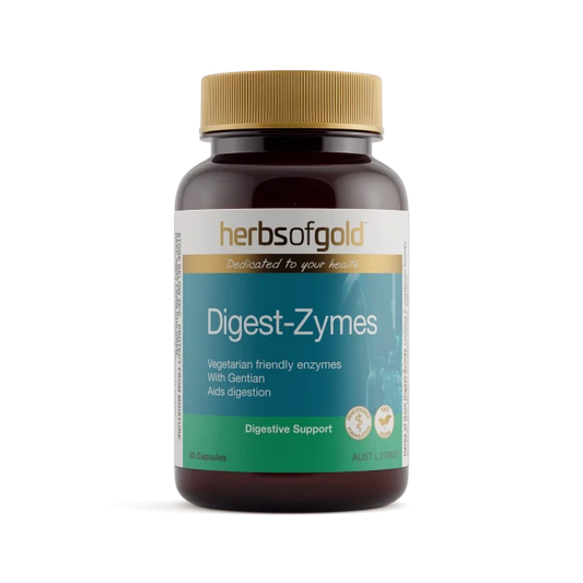 Herbs of Gold Digest‑Zymes harnesses the power of six vegetarian-friendly digestive enzymes, enhanced with Gentian root. Designed to support healthy digestion across a broad pH range, it aids the breakdown of fats, proteins, carbohydrates, fibre, and lactose - promoting digestive comfort, nutrient absorption, and overall wellbeing.