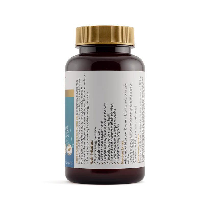 Herbs of Gold Magnesium Citrate 900 supplement bottle side view showing capsule count and magnesium dosage.