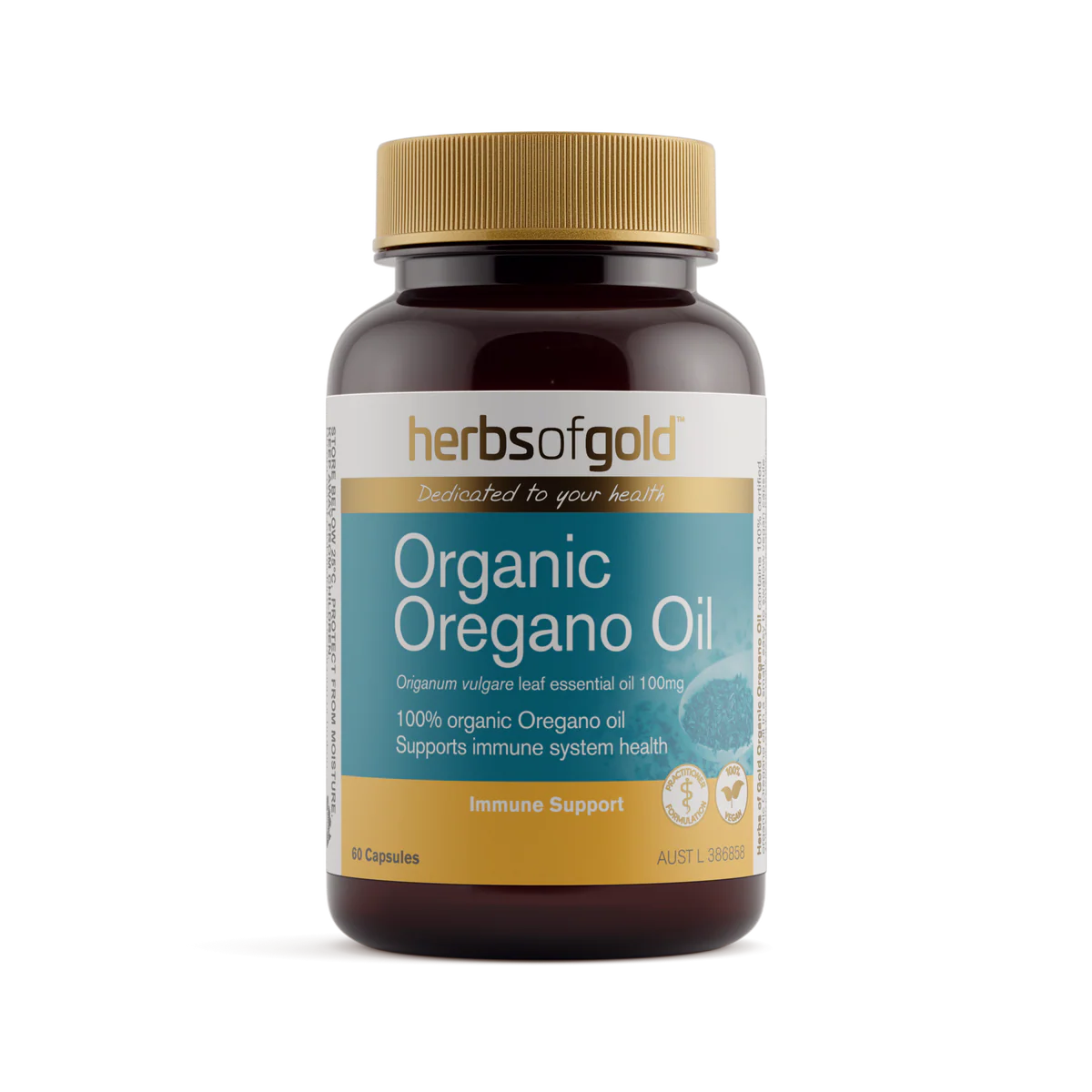 Herbs of Gold Organic Oregano Oil 60 capsules bottle front label. 