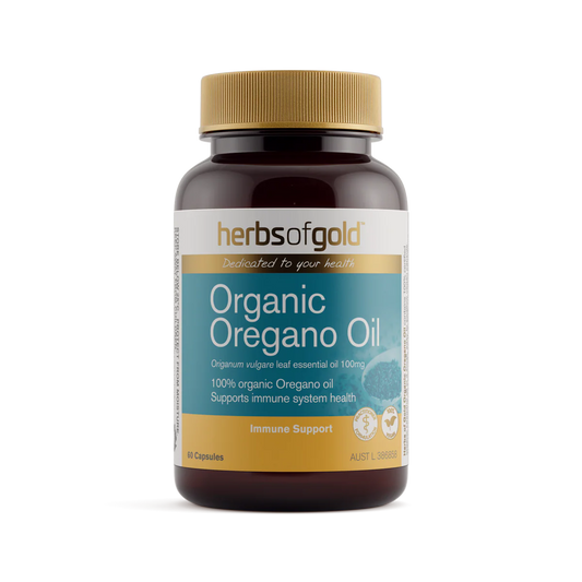 Herbs of Gold Organic Oregano Oil 60 capsules bottle front label. 