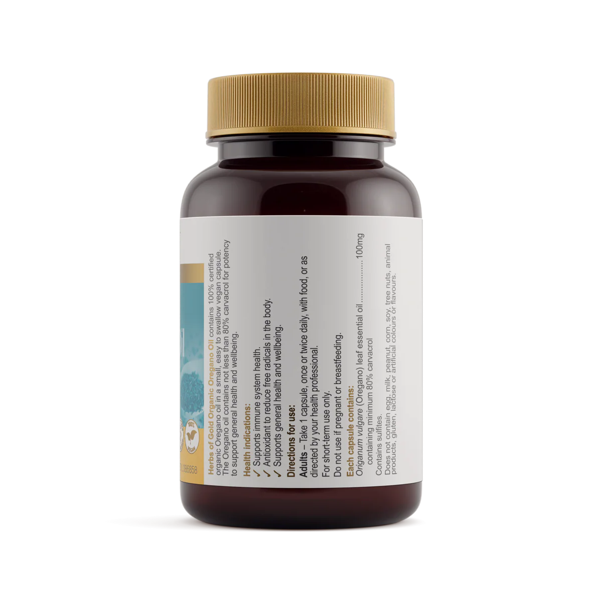 Side label of Herbs of Gold Organic Oregano Oil showing health benefits, usage directions and ingredients.