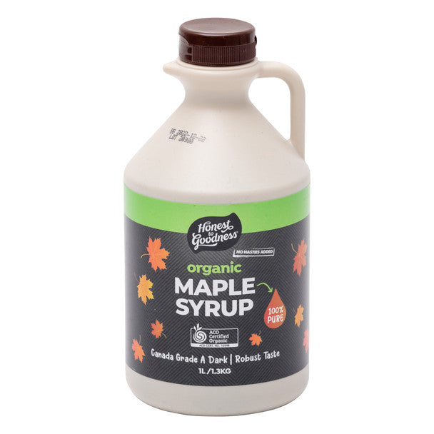 Honest To Goodness Organic Maple Syrup 1 Litre bottle – 100% pure Canadian Grade A Dark maple syrup, certified organic, vegan and gluten-free.
