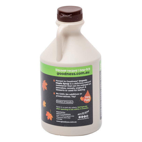 Honest To Goodness Organic Maple Syrup 1 Litre side label highlighting key benefits and storage instructions – certified organic, robust flavour, refrigerate after opening.