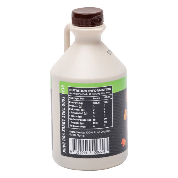 Side label of Honest To Goodness Organic Maple Syrup 1 Litre showing nutritional information, ingredients and barcode – pure Canadian maple syrup, no additives or preservatives.