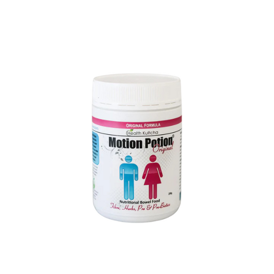 Health Kultcha Motion Potion Original is a Naturopathically formulated blend of: Fibre, Soothing Herbs, Alkalising Greens, Friendly Bacteria & Nourishing Prebiotics.
This winning combination forms a soft, slippery, pleasant tasting gel when mixed with water or juice. It is gentle on the sensitive walls of the digestive tract and is suitable for regular everyday use. 