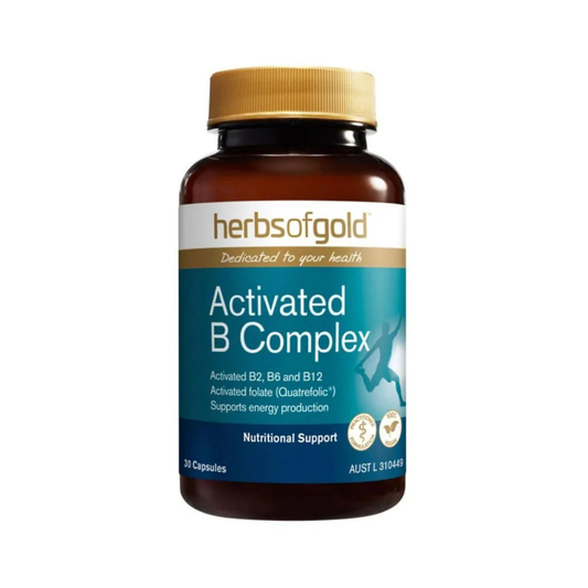 Herbs of Gold Activated B Complex delivers a targeted blend of active B vitamins - including B1, B2, B5, B6, folate (Quatrefolic®), and methylated B12 - to support energy production, stress response, cognitive clarity, and red blood cell health. Formulated with premium activated forms for optimal absorption, this vegan-friendly capsule makes it easy to stay sharp and serene.