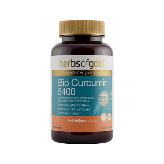 Experience powerful anti-inflammatory support with Herbs of Gold Bio Curcumin 5400. Featuring Meriva® curcumin, a patented curcumin-phospholipid complex, this high-strength formula is specially designed for superior absorption and efficacy.

With the bioequivalence of 5400mg of standard curcumin per day, it supports joint health, reduces inflammation, and helps relieve symptoms of mild osteoarthritis. Ideal for those seeking natural, plant-based joint and antioxidant support.