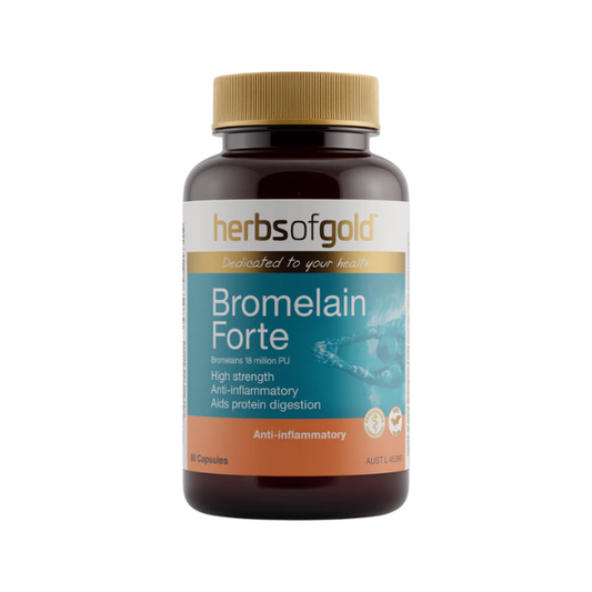 Support your body’s natural healing and digestion with Herbs of Gold Bromelain Forte – a high-strength, vegan-friendly formula delivering 500mg of bromelain (18 million PU) per capsule. Sourced from pineapple stem and fruit, Bromelain Forte helps break down protein, reduce inflammation, and relieve mild sinusitis and soft tissue injuries.