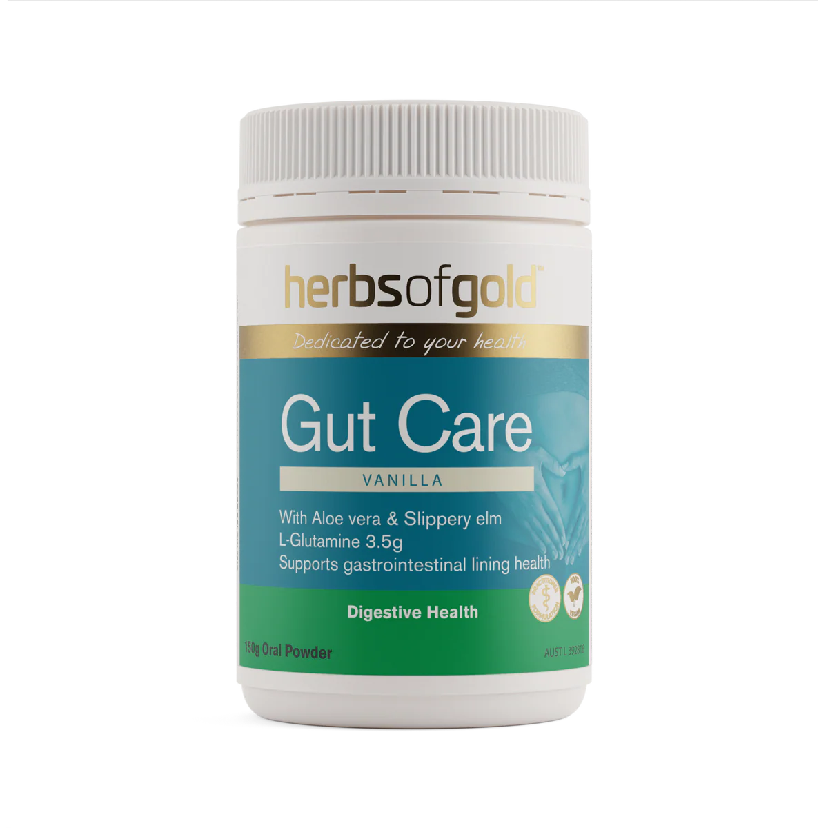 Herbs of Gold Gut Care vanilla oral powder 150g -front of tub packaging.