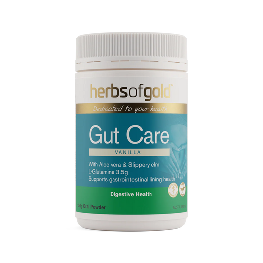 Herbs of Gold Gut Care vanilla oral powder 150g -front of tub packaging.