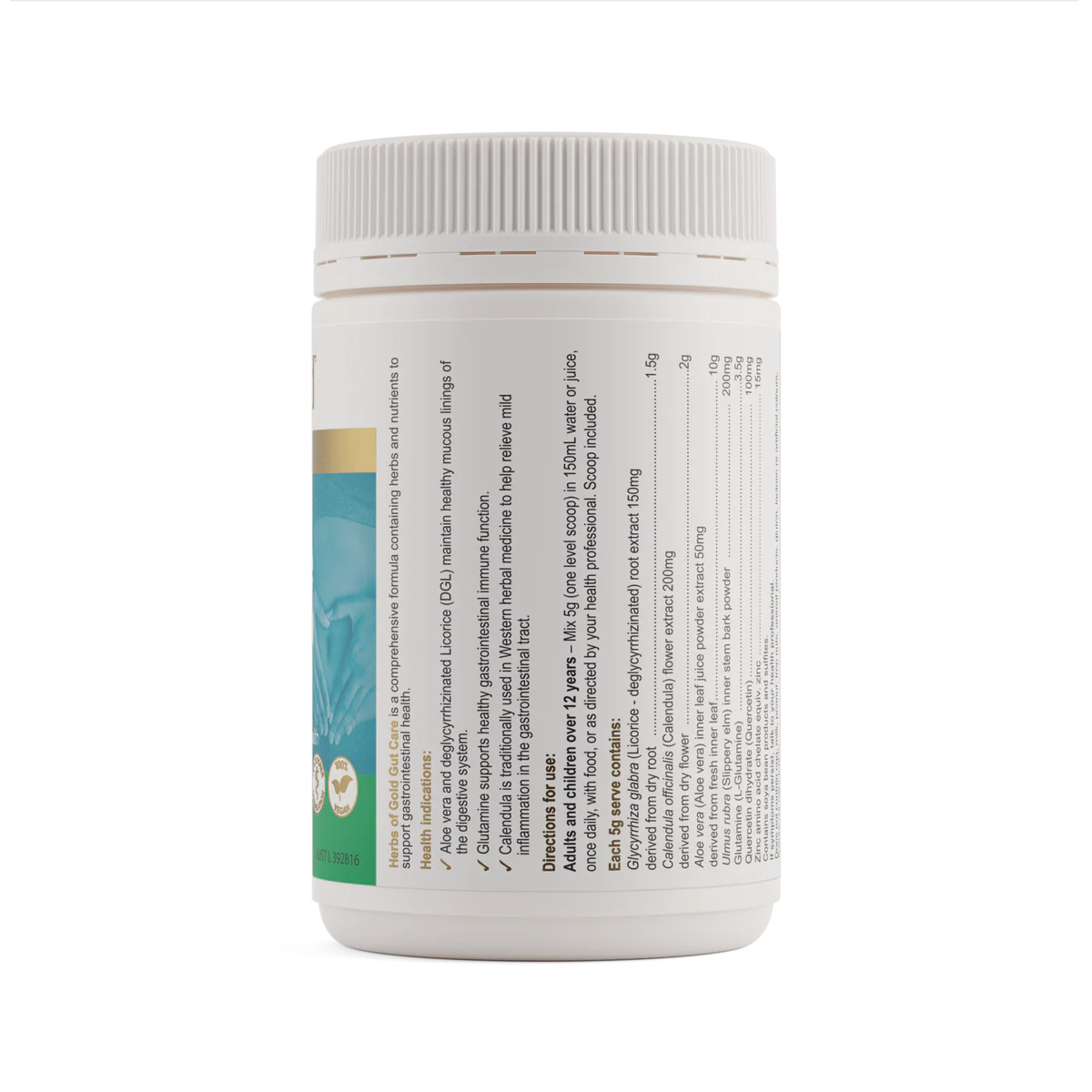 Side label of Herbs of Gold Gut Care 150g tub showing directions for use and key ingredients.
