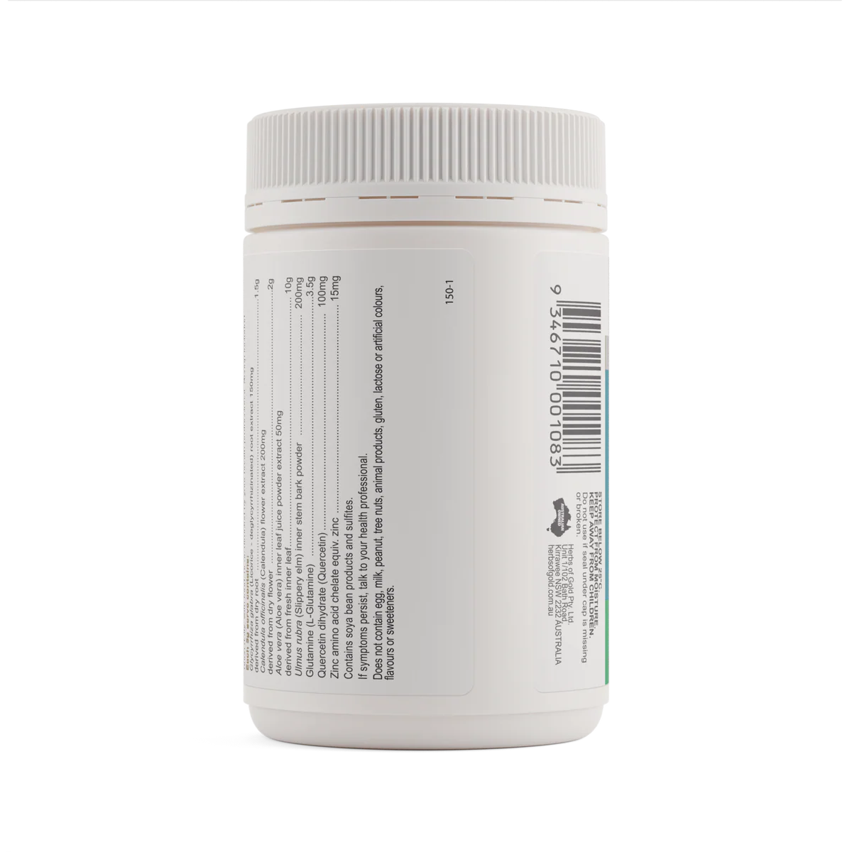 Back label of Herbs of Gold Gut Care 150g tub listing full ingredients and barcode.