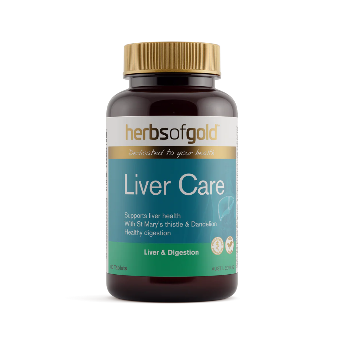 Herbs of Gold Liver Care bottle front label showing herbal liver support supplement.