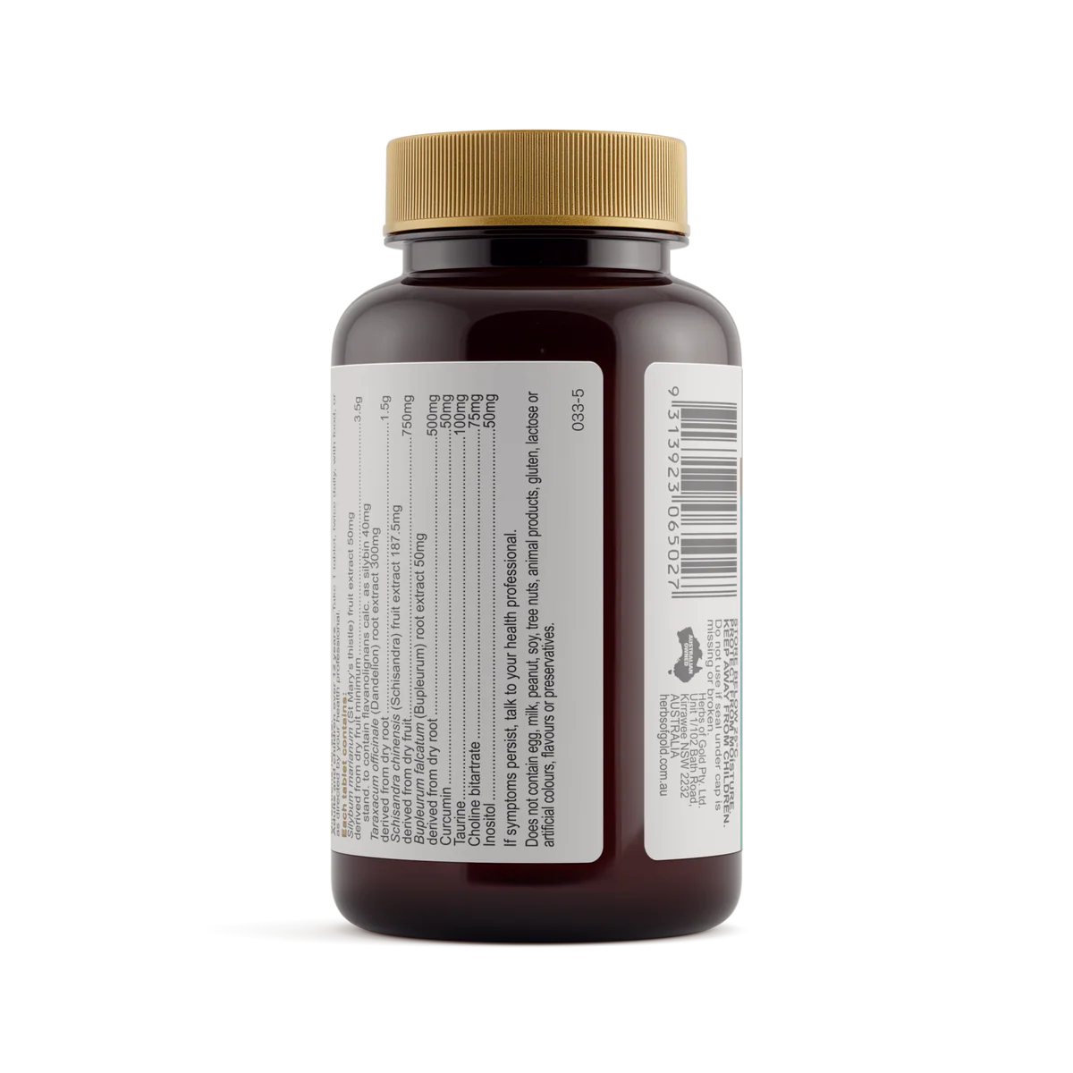 Back panel of Herbs of Gold Liver Care bottle showing full ingredients list.