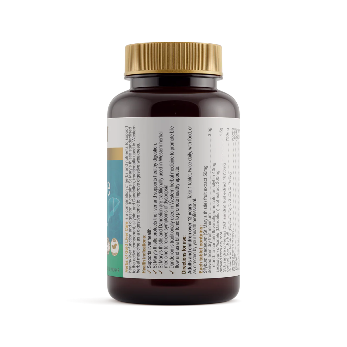 Side panel of Herbs of Gold Liver Care bottle listing health benefits and directions for use.