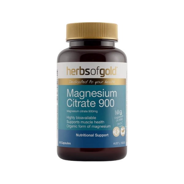 Herbs of Gold Magnesium Citrate 900 capsules for bowel health, constipation relief and digestive support.