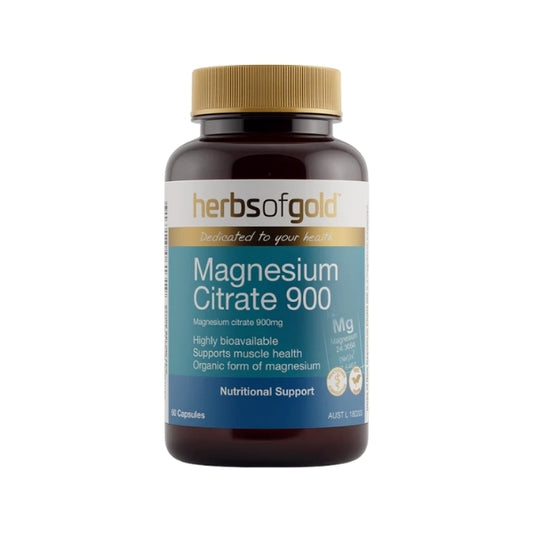 Herbs of Gold Magnesium Citrate 900 capsules for bowel health, constipation relief and digestive support.