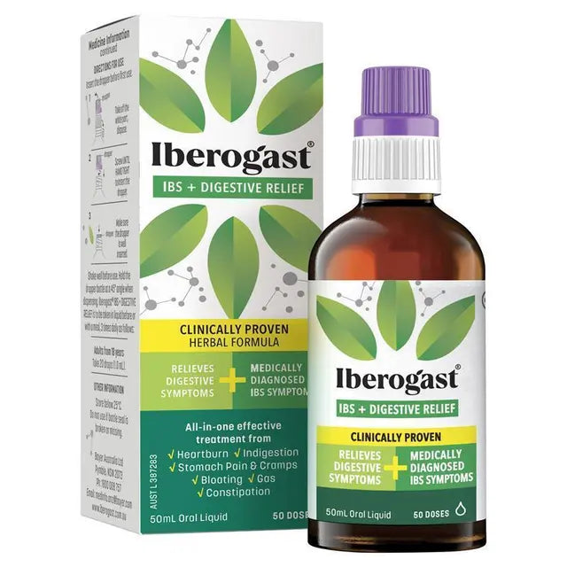 Iberogast IBS + Digestive Relief 50ml oral liquid with box and bottle.