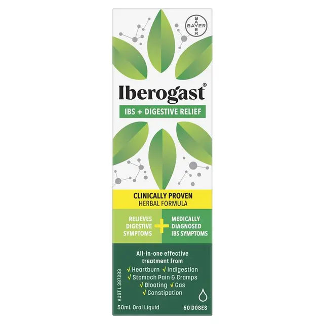 Front packaging of Iberogast IBS + Digestive Relief 50ml showing product name.
